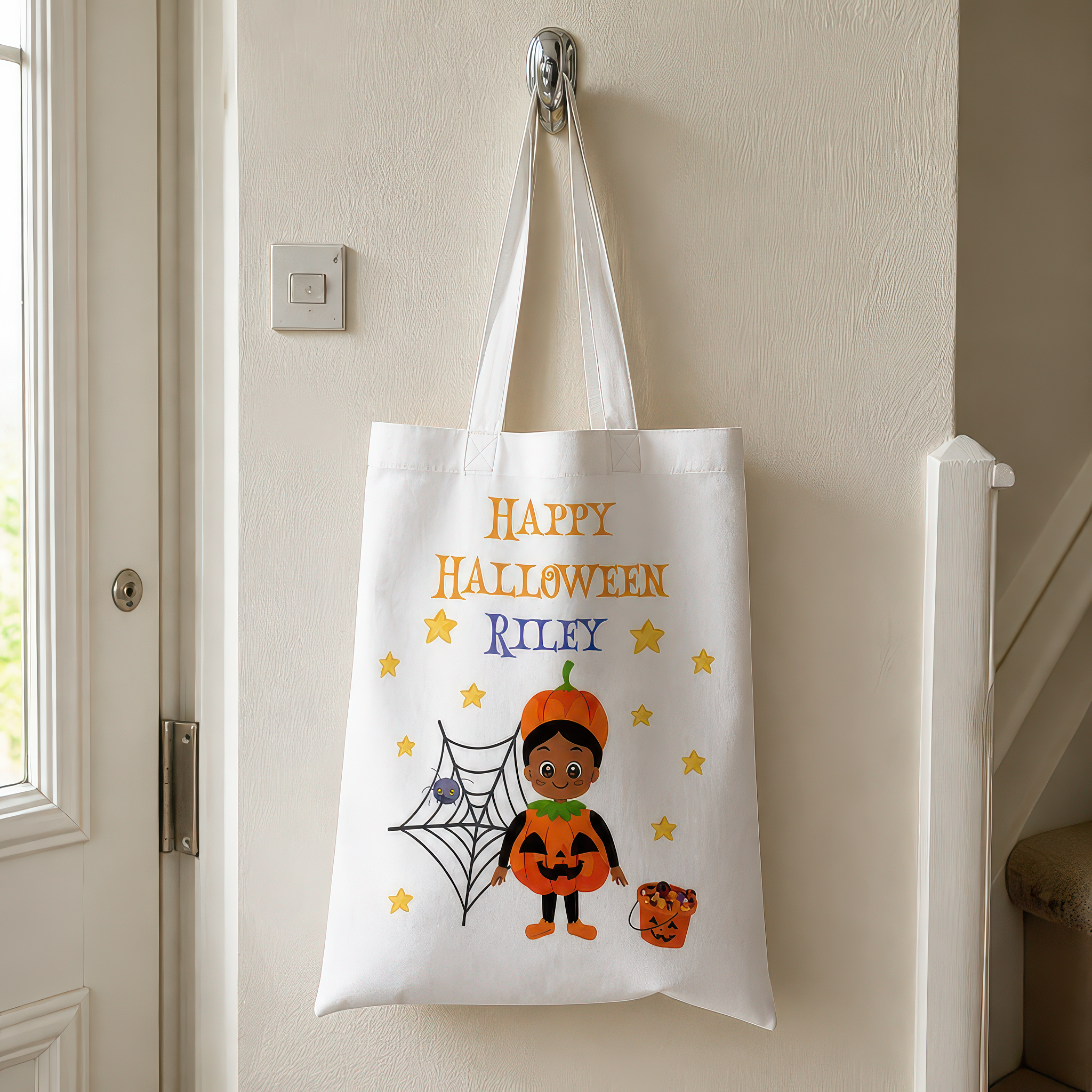Personalised White Pumpkin Trick or Treat Tote Bag with Name