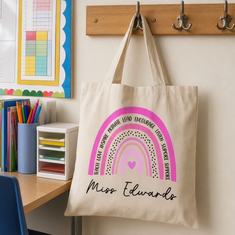 Personalised Pink Rainbow Teacher Tote Bag with Name - alternative view