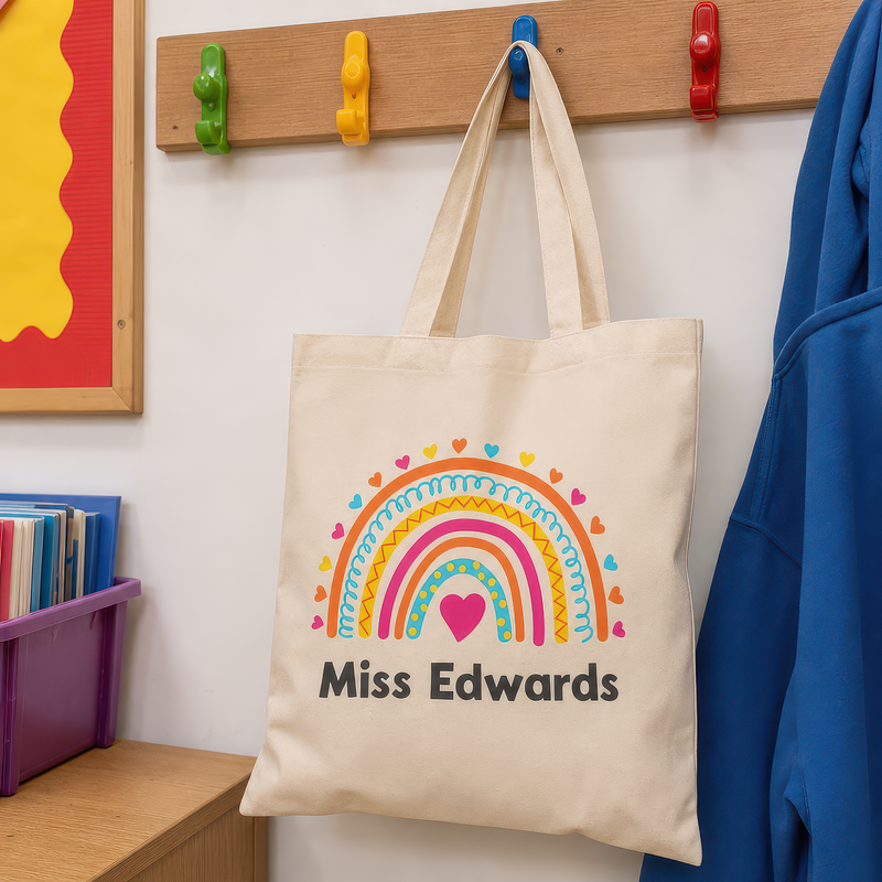 Personalised Pink Heart Rainbow Teacher Tote Bag with Name - alternative view