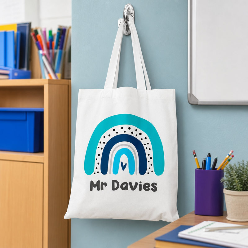 Personalised Blue Teacher Rainbow Tote Bag with Name