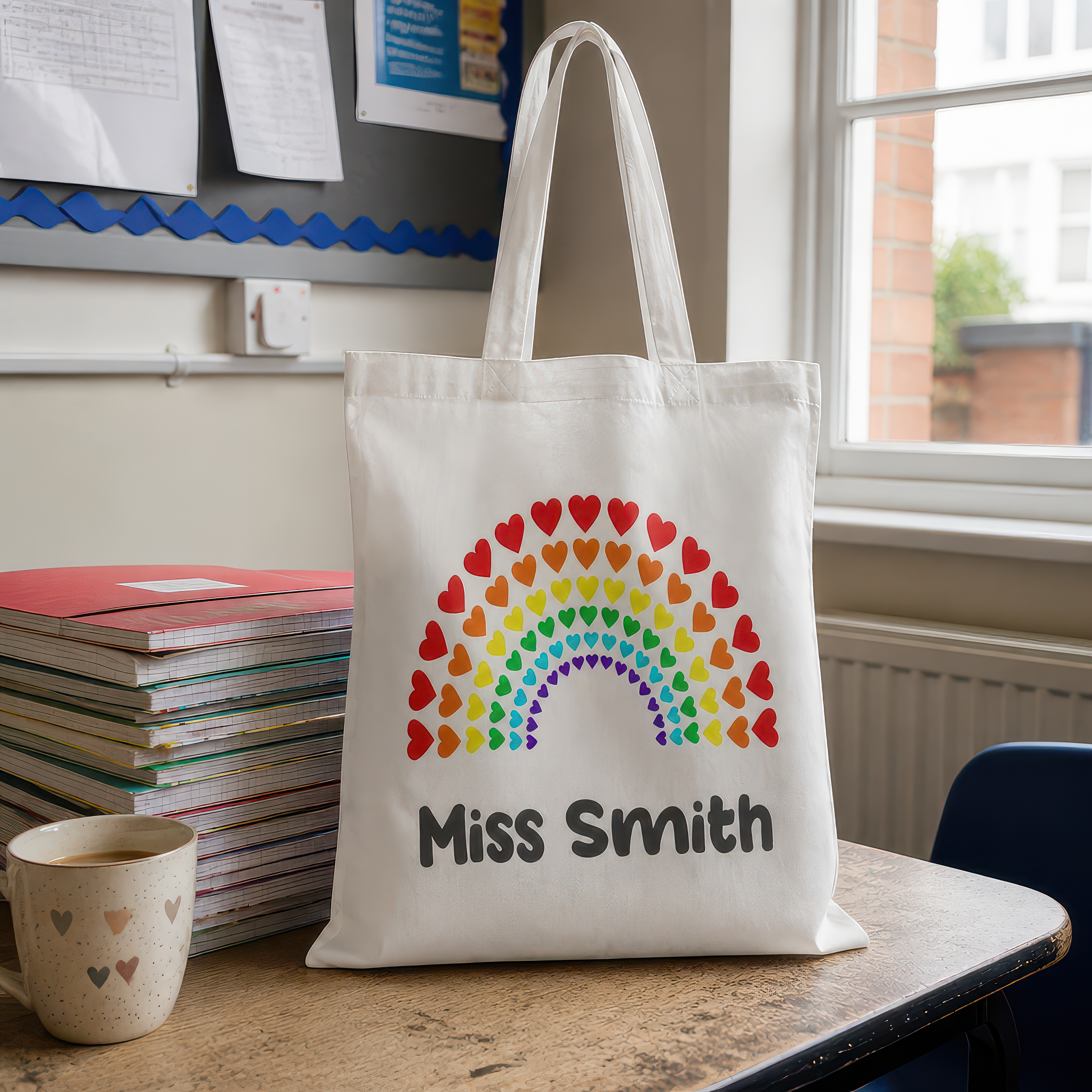 Personalised Teacher Rainbow Hearts Tote Bag with Name