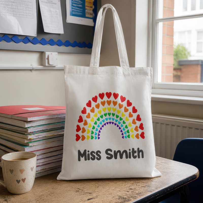Personalised Teacher Rainbow Hearts Tote Bag with Name