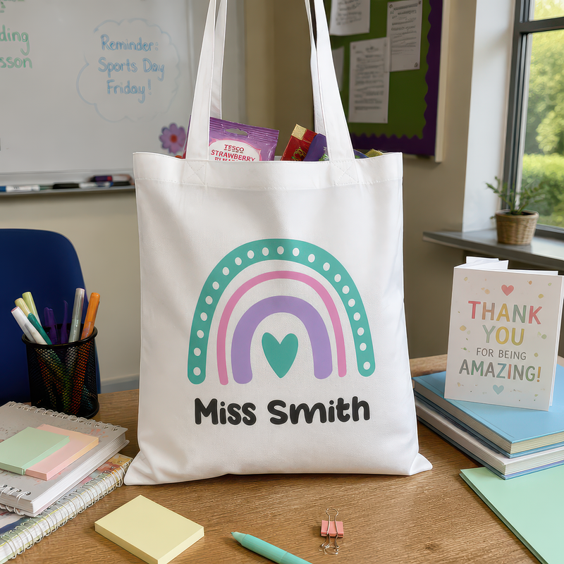Personalised Teacher Heart Rainbow Tote Bag with Name