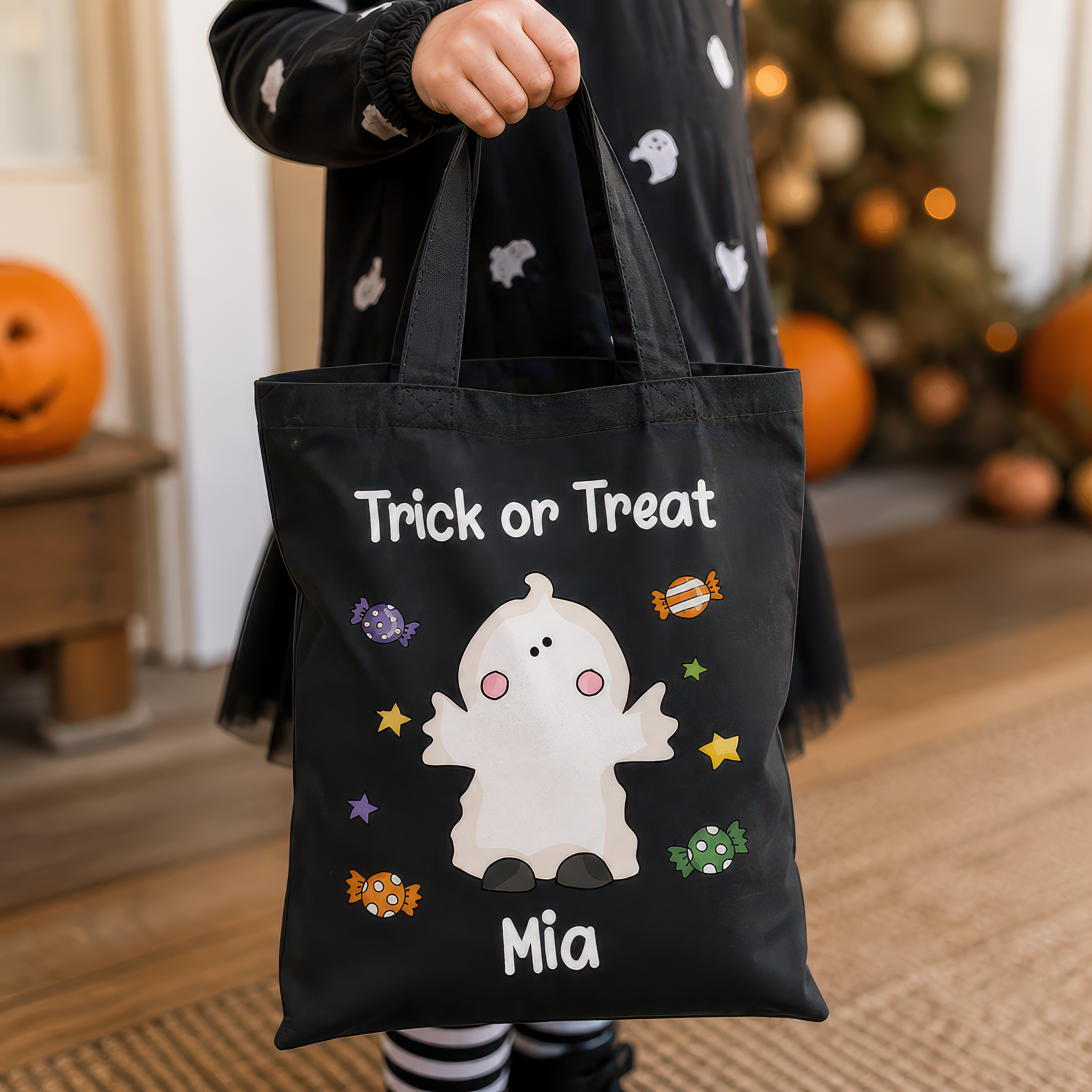 Personalised Black Ghost Trick or Treat Tote Bag with Name