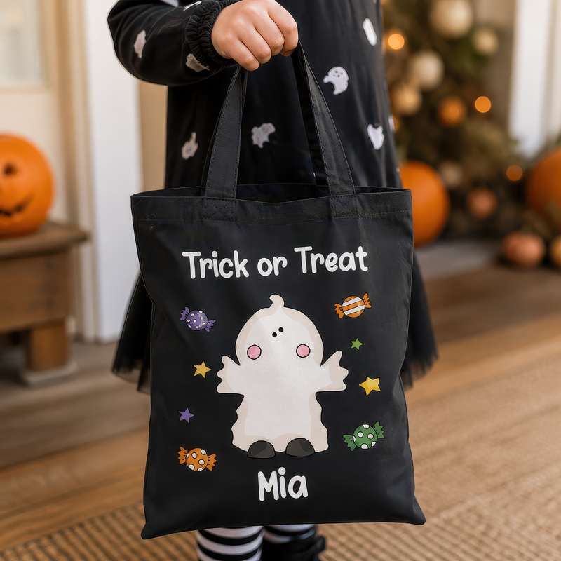 Personalised Black Ghost Trick or Treat Tote Bag with Name