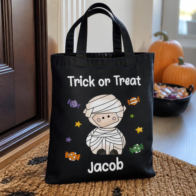 Personalised Black Mummy Trick or Treat Tote Bag with Name