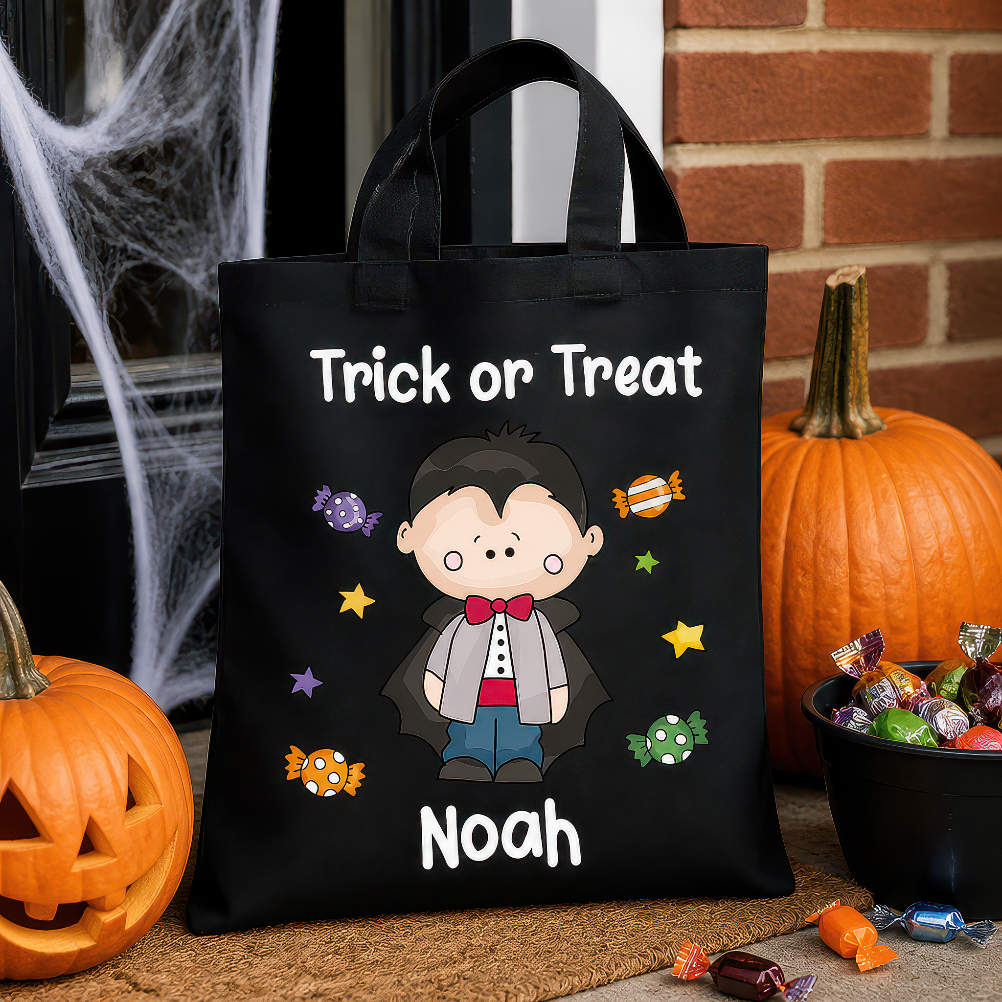 Personalised Black Vampire Trick or Treat Tote Bag with Name - alternative view