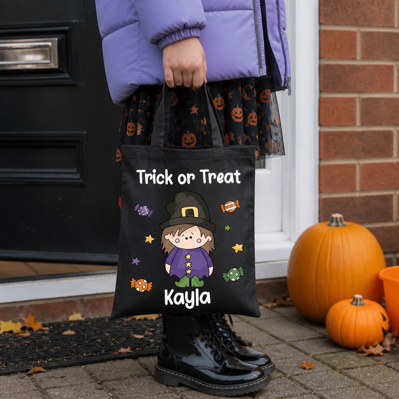 Personalised Black Witch Trick or Treat Tote Bag with Name