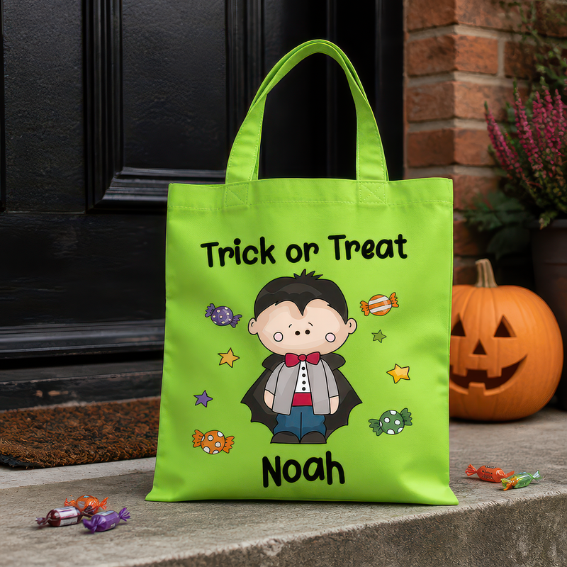 Personalised Green Vampire Trick or Treat Tote Bag with Name