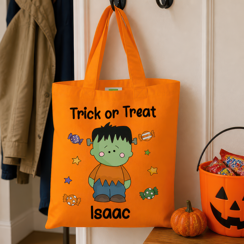 Personalised Orange Frankenstein Trick or Treat Tote Bag with Name - alternative view