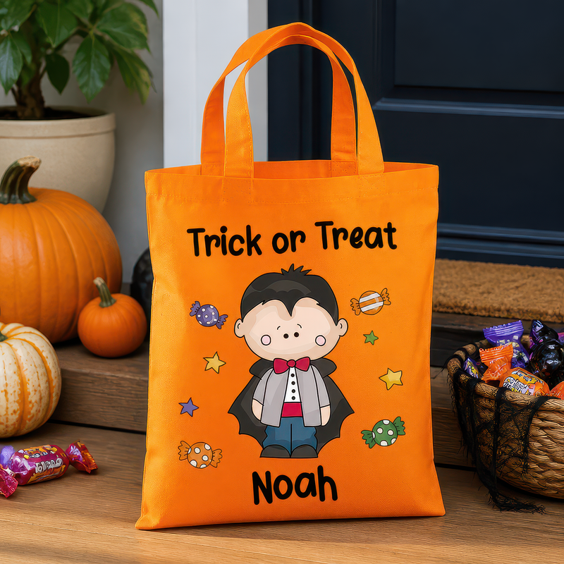 Personalised Orange Vampire Trick or Treat Tote Bag with Name