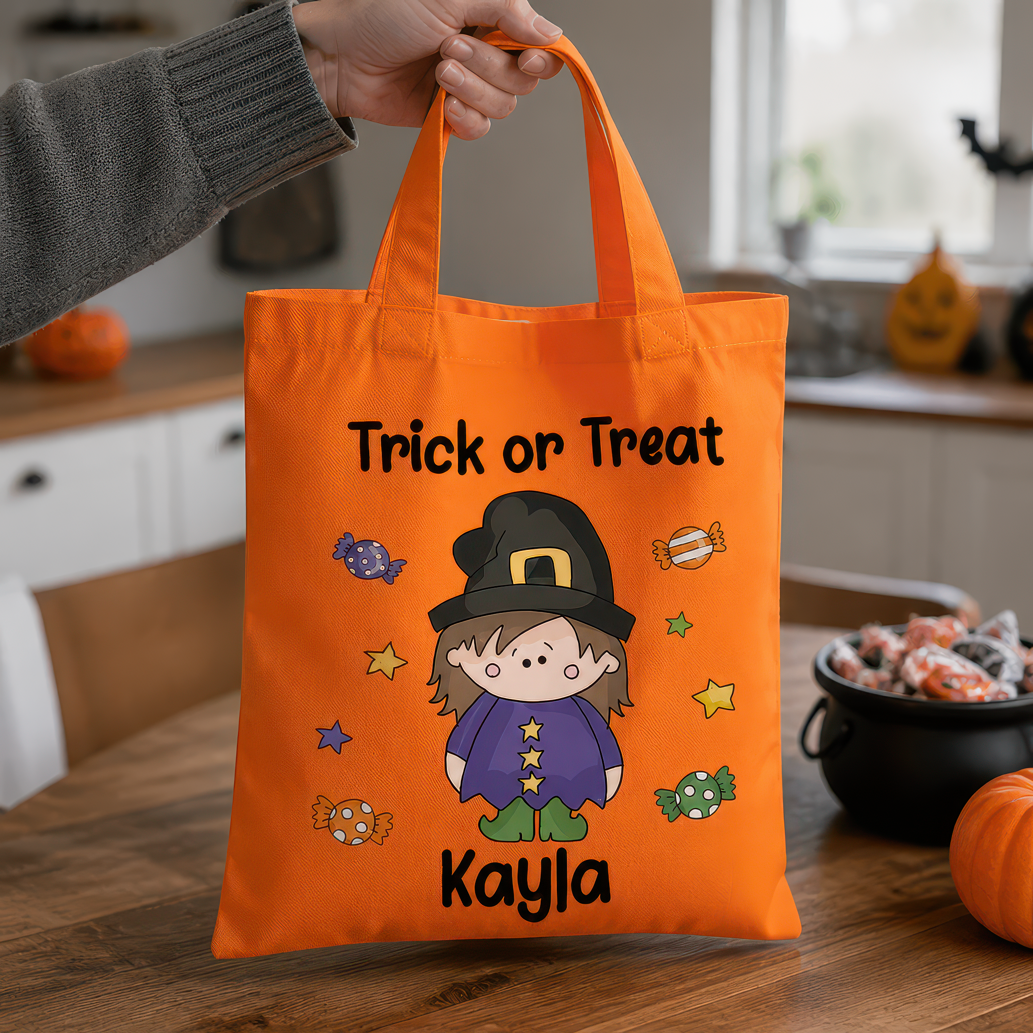 Personalised Orange Witch Trick or Treat Tote Bag with Name