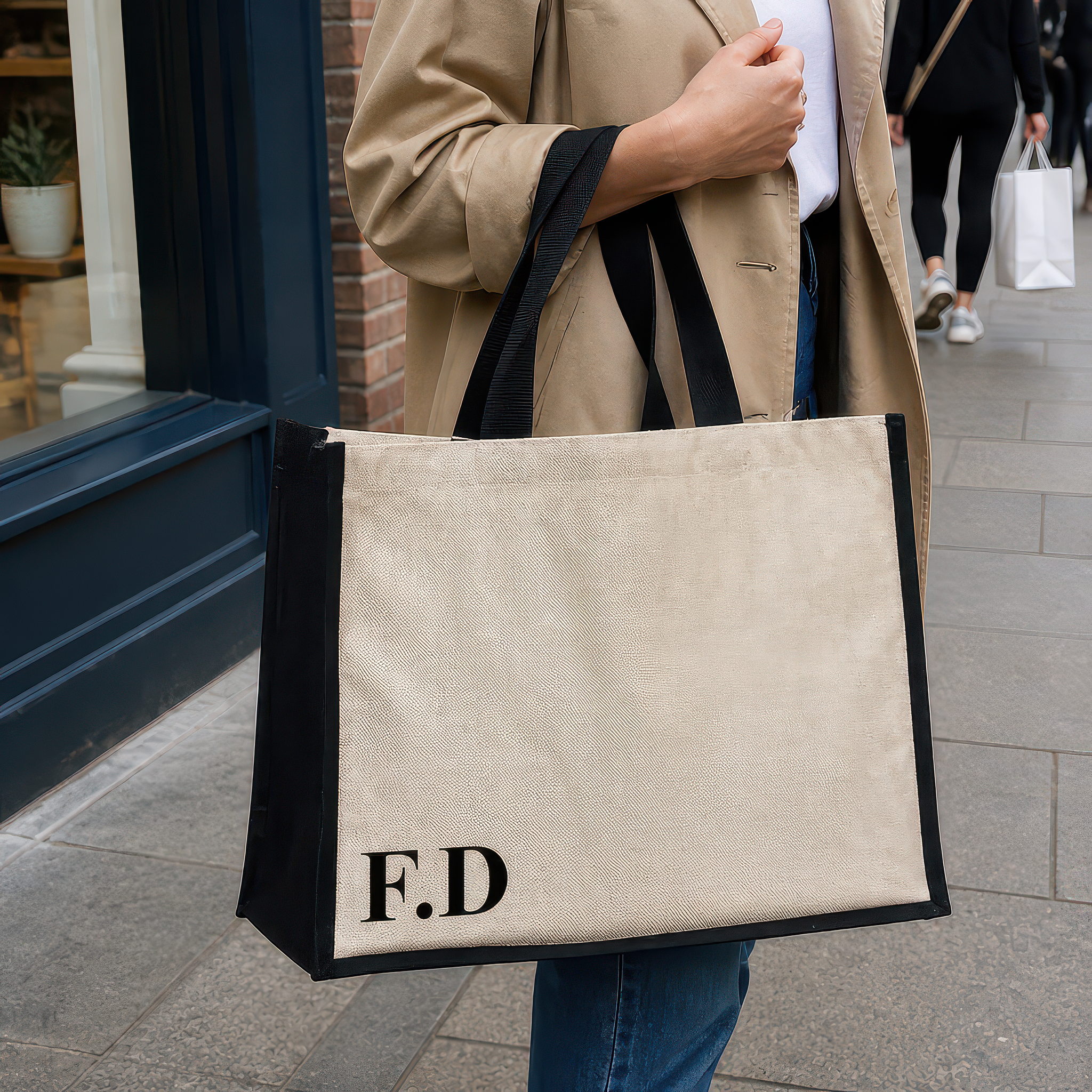 Personalised Monogrammed Jute with Black Initials Tote Bag