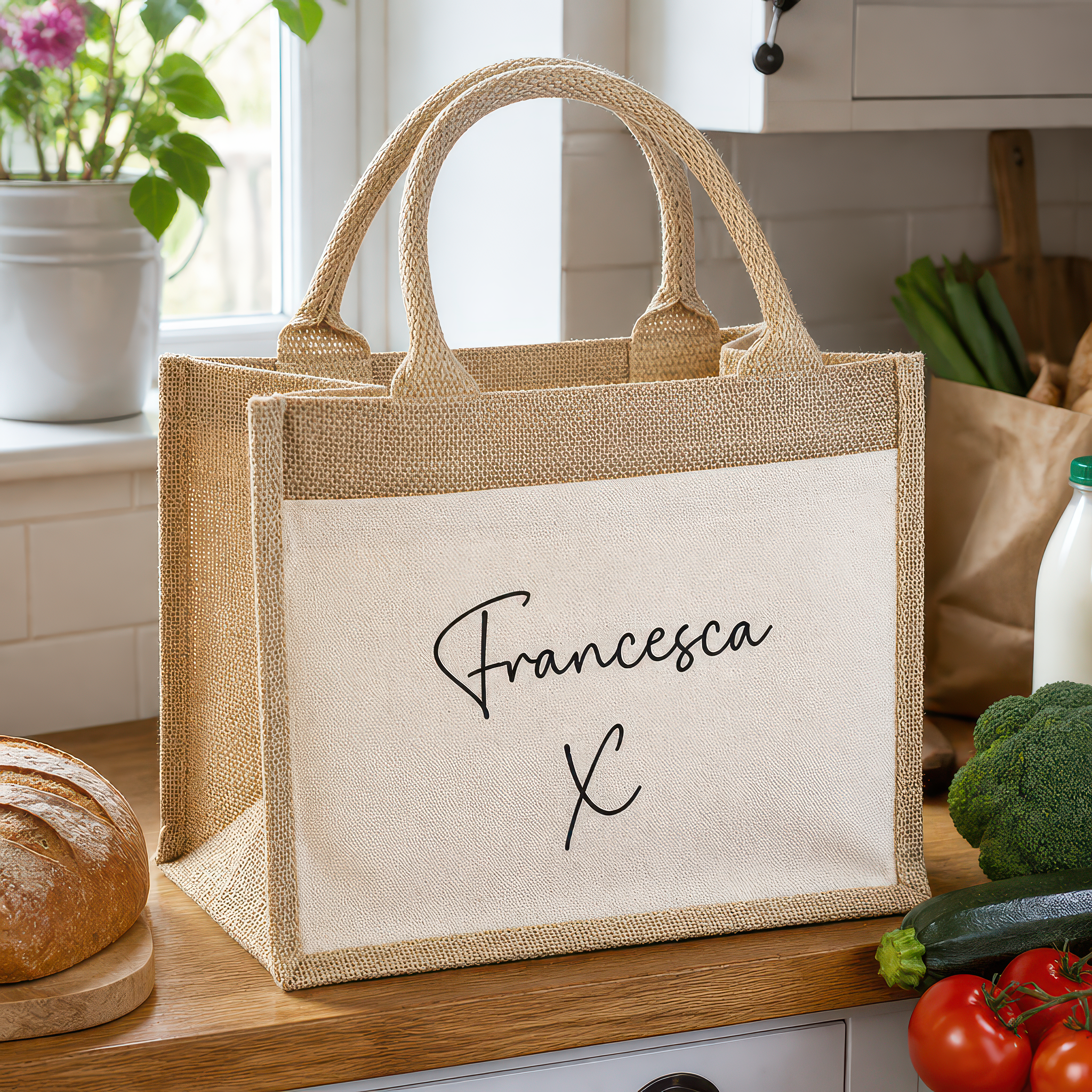 Personalised Jute Tote Bag with Name and Front Pocket