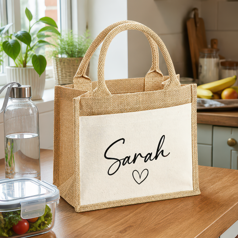 Personalised Jute Lunch Bag with Name and Heart Design