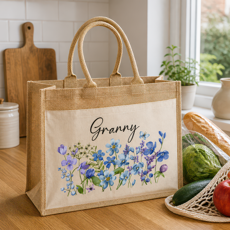 Personalised Granny Blue Flowers Jute Tote Bag with Name - alternative view