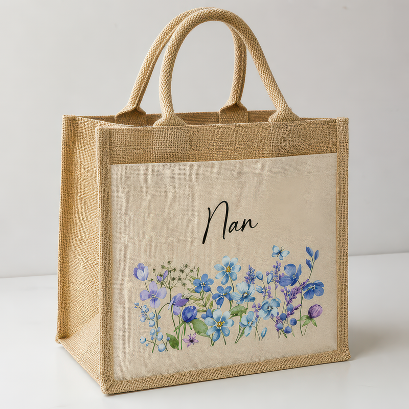 Personalised Nan Blue Flowers Jute Tote Bag with Name - alternative view