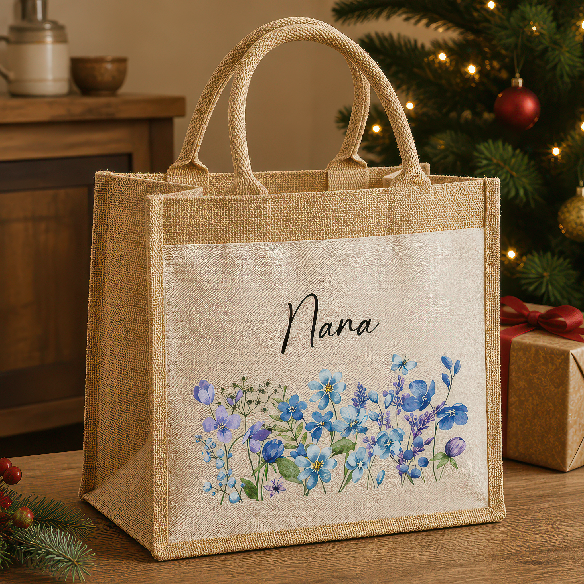 Personalised Nana Blue Flowers Jute Tote Bag with Name - alternative view