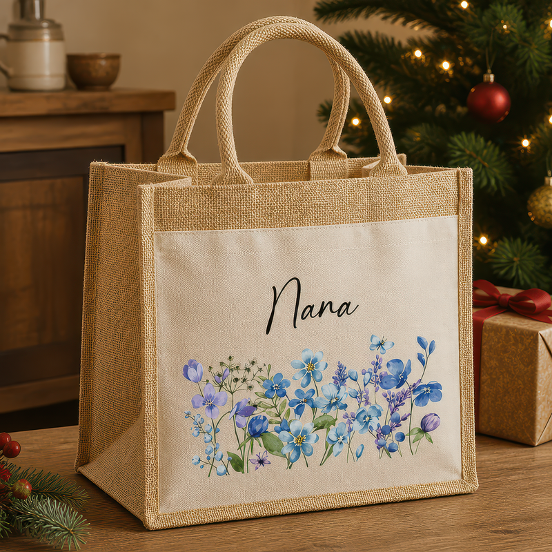 Personalised Nana Blue Flowers Jute Tote Bag with Name - alternative view