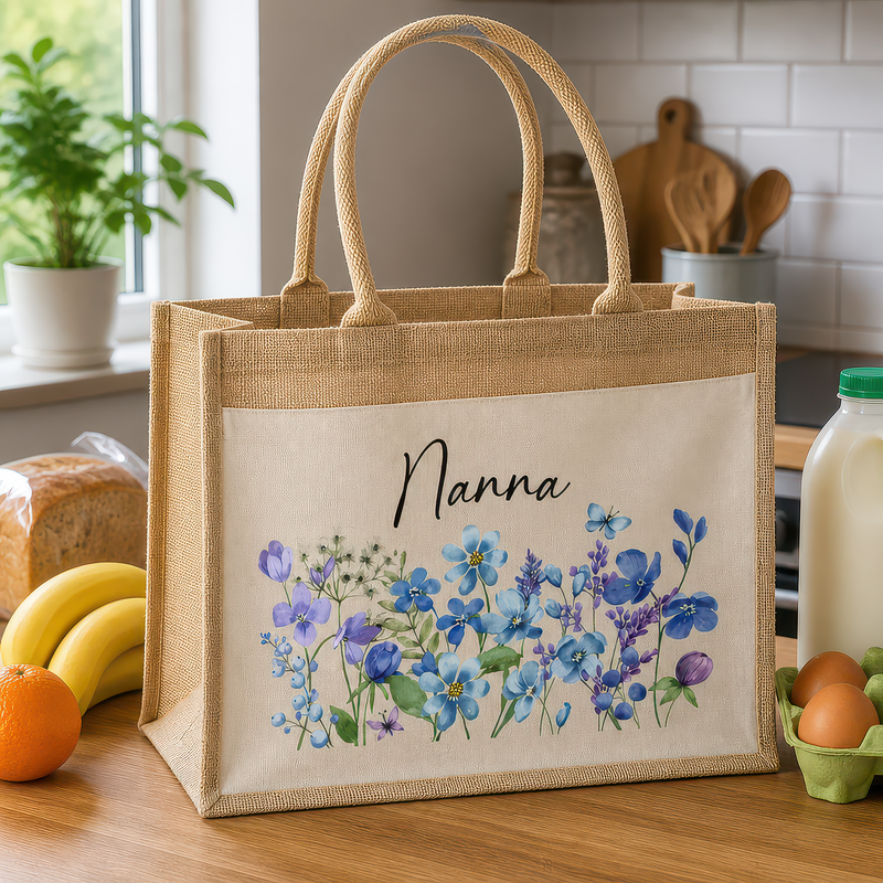 Personalised Nanna Blue Flowers Jute Tote Bag with Name - alternative view