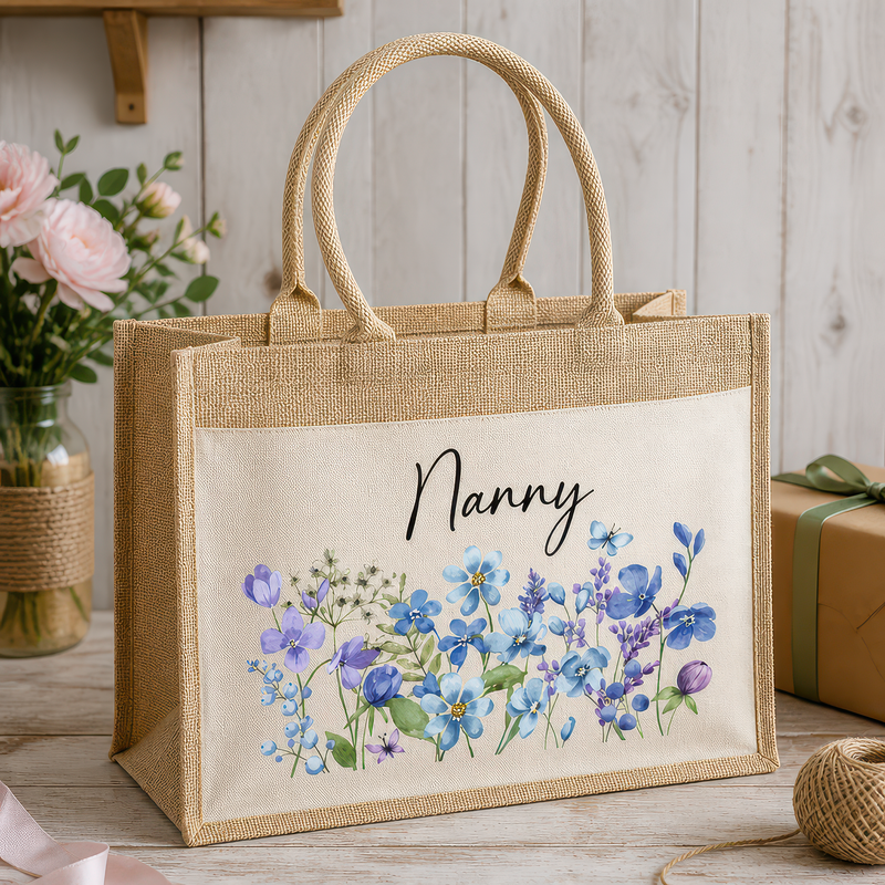 Personalised Nanny Blue Flowers Jute Tote Bag with Name - alternative view