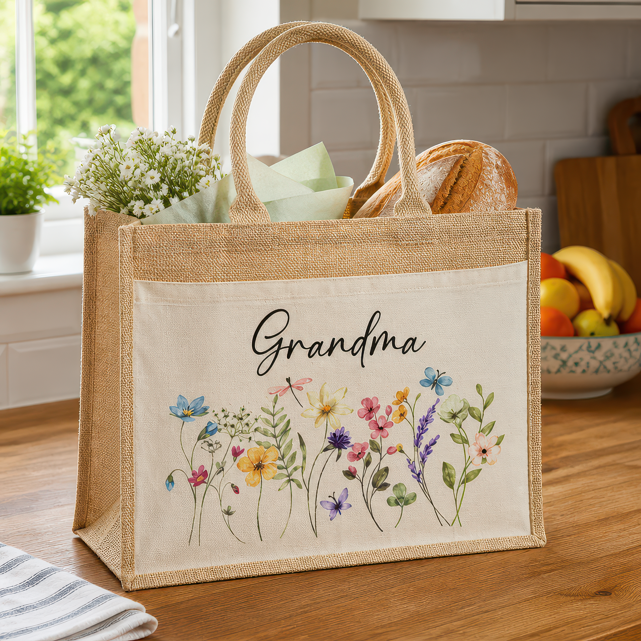 Personalised Grandma Wild Flowers Jute Tote Bag with Name - alternative view