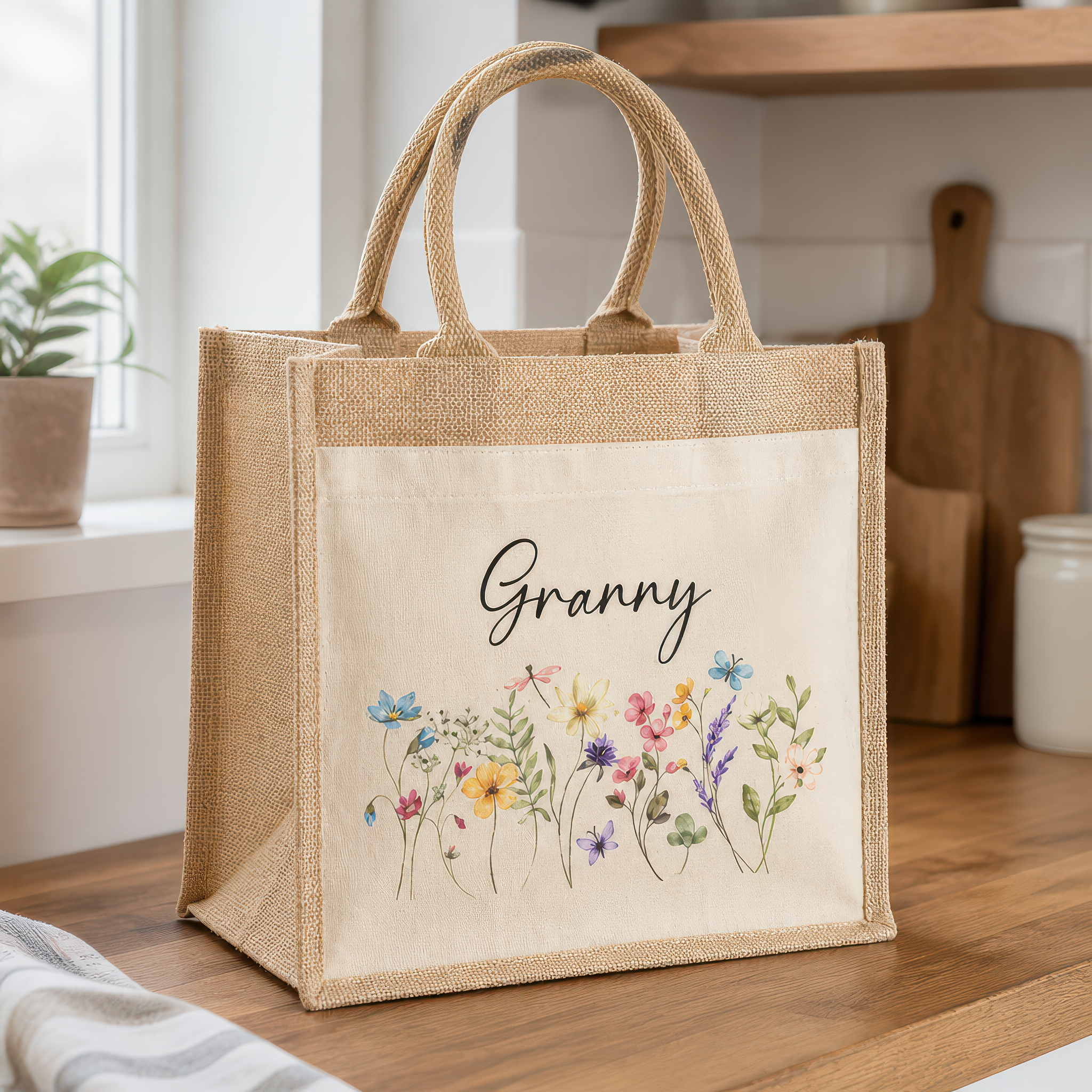 Personalised Granny Wild Flowers Jute Tote Bag with Name - alternative view