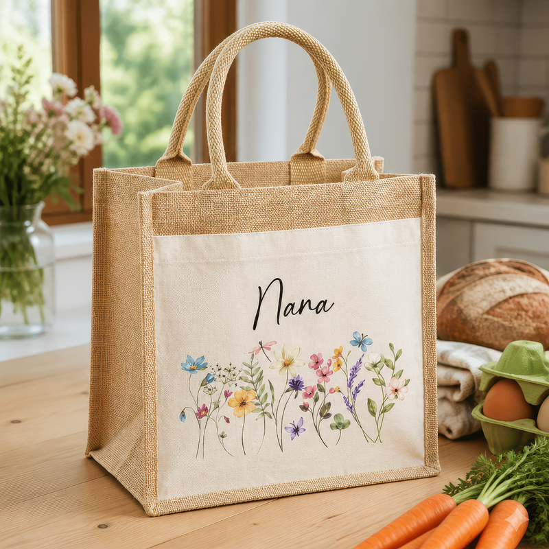 Personalised Nana Wild Flowers Jute Tote Bag with Name - alternative view