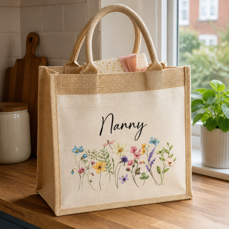 Personalised Nanny Wild Flowers Jute Tote Bag with Name - alternative view