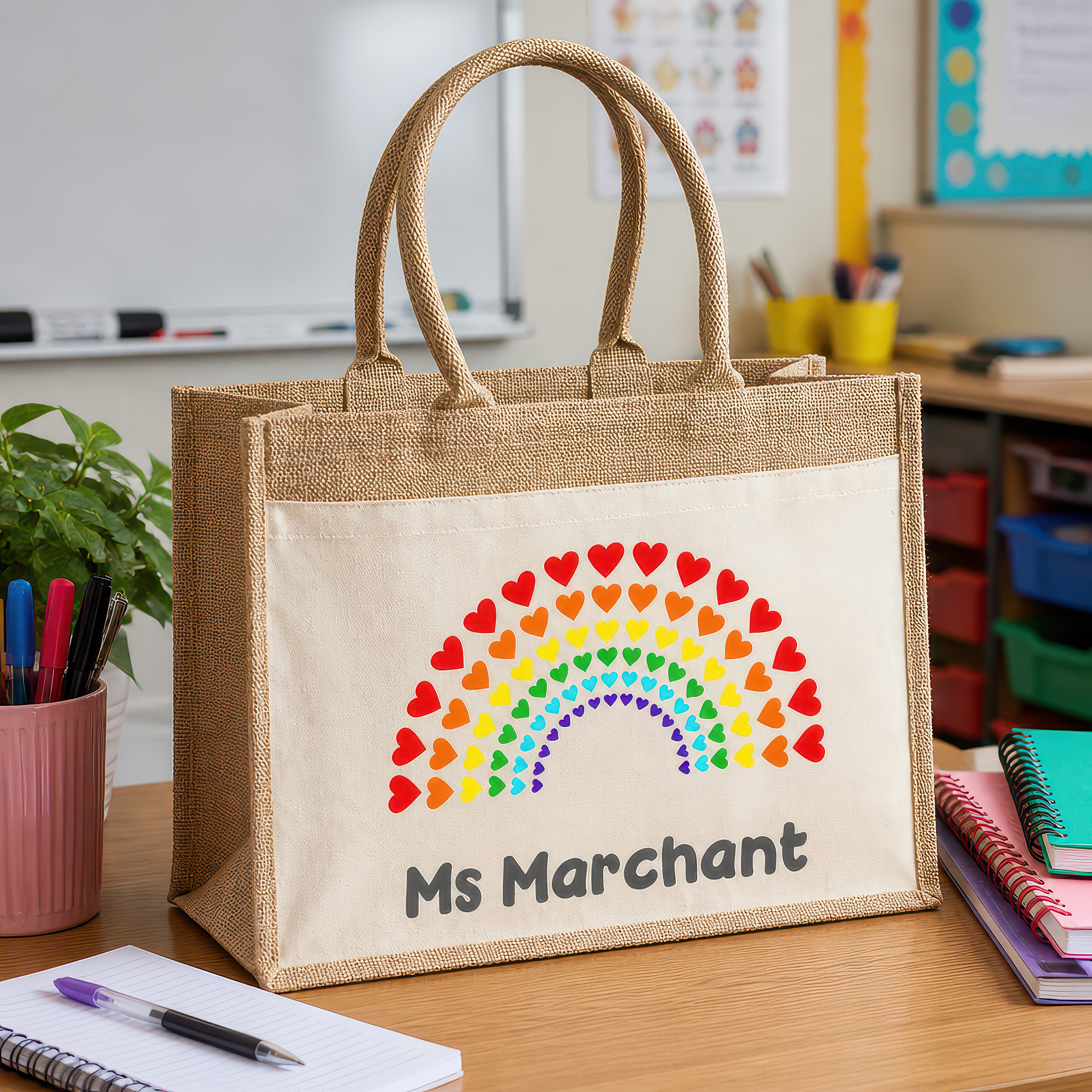 Personalised Rainbow Hearts Jute Tote Bag with Name - alternative view