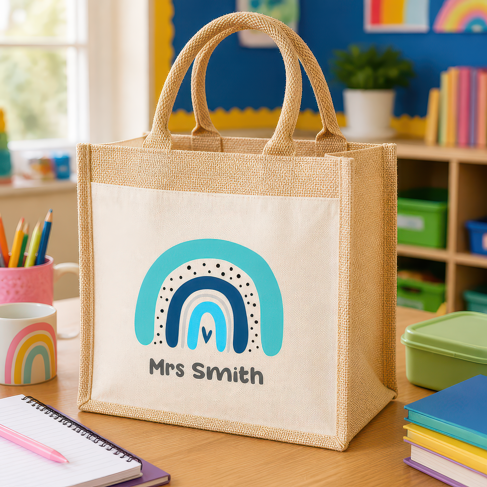 Personalised Blue Boho Rainbow Jute Tote Bag with Name - alternative view