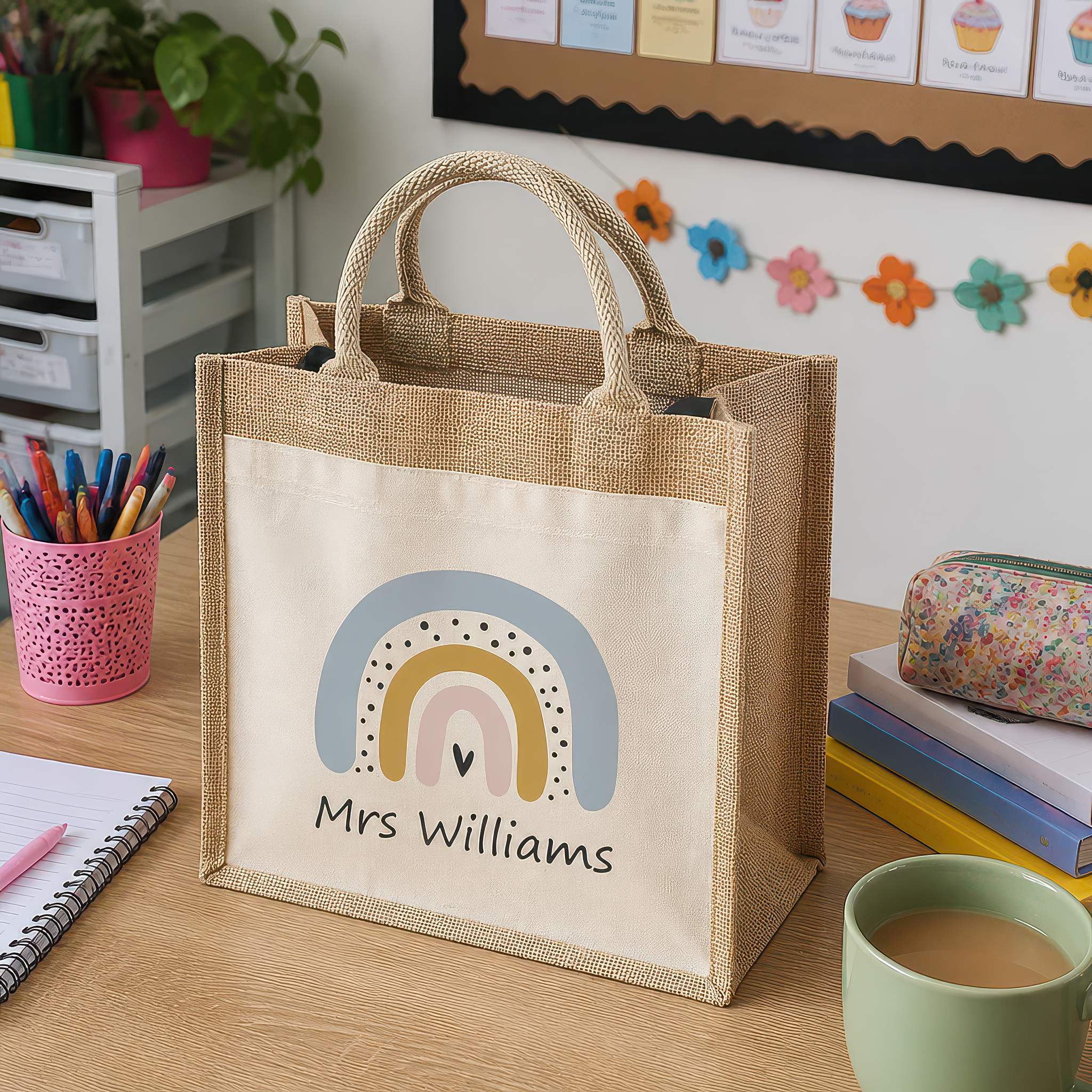 Personalised Boho Grey Rainbow Jute Tote Bag with Name - alternative view