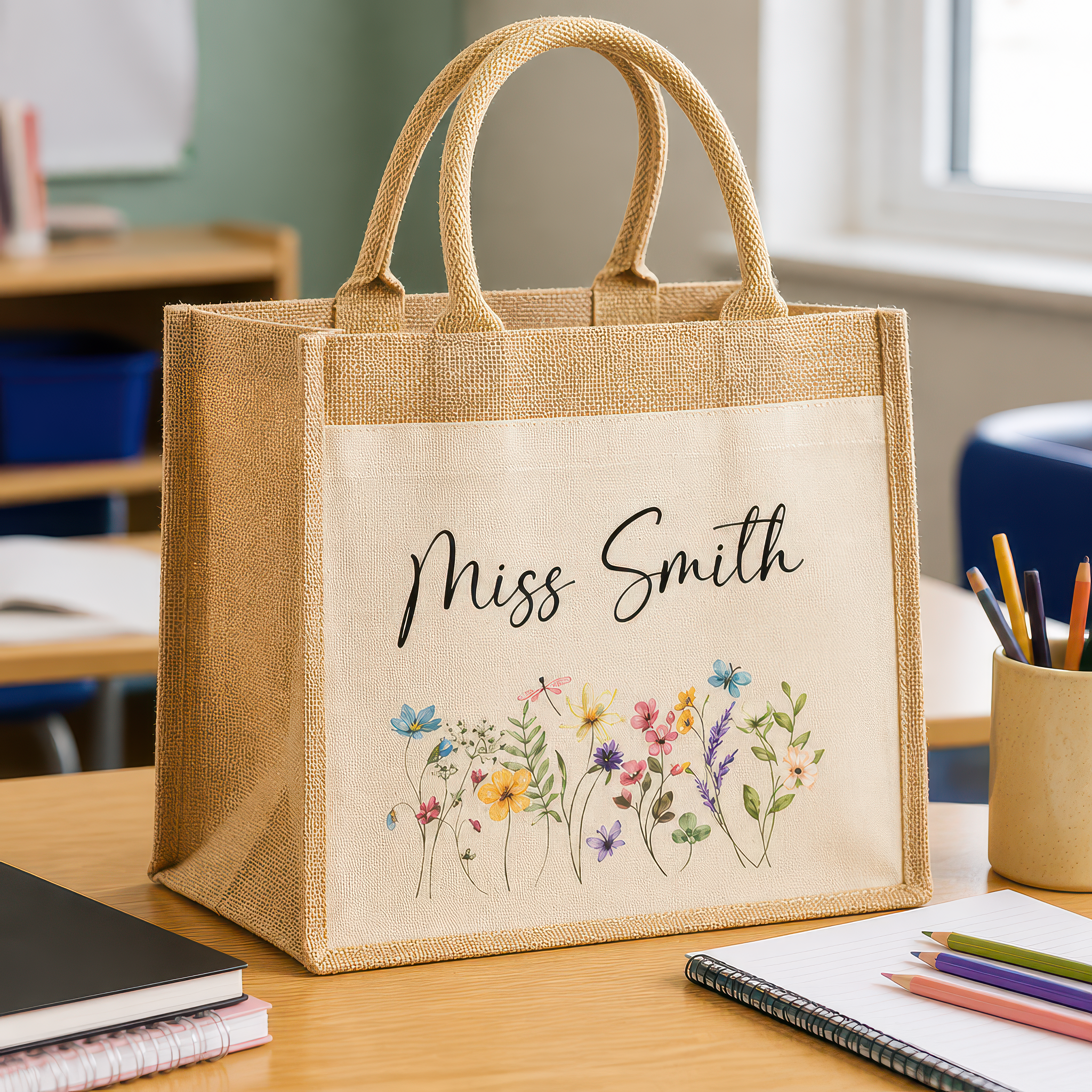 Personalised Floral Watercolour Jute Tote Bag with Name - alternative view