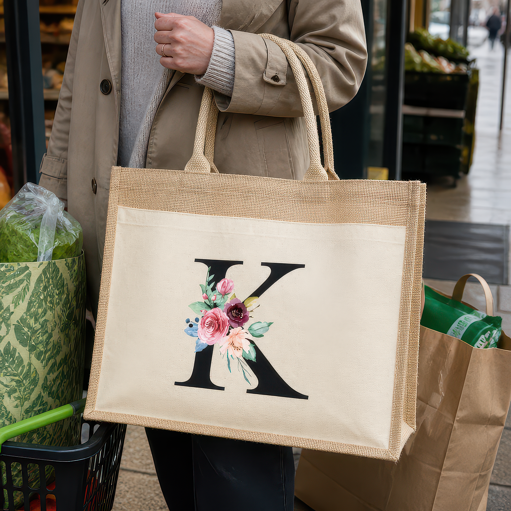 Personalised Floral Initial Jute with Letter Canvas Shopper Tote Bag