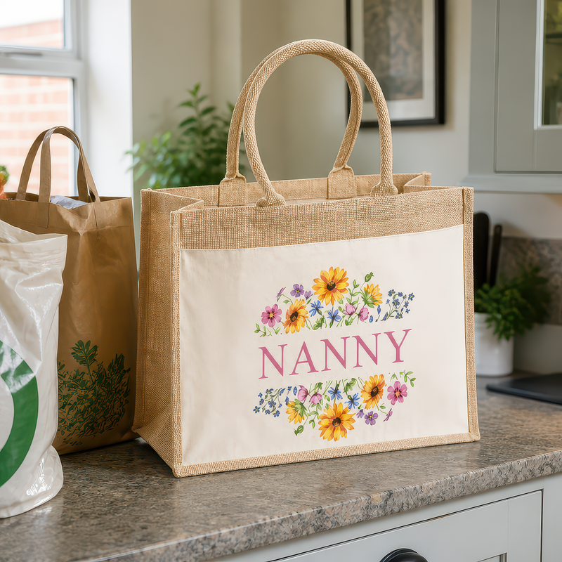 Personalised Jute with Floral Design Tote Bag