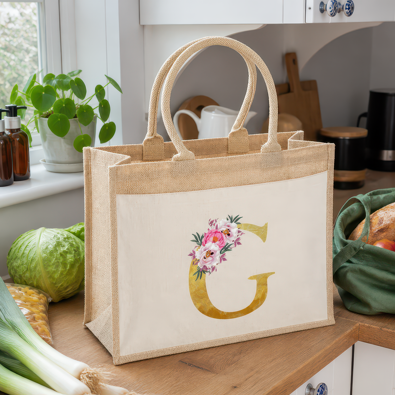 Personalised Jute with Floral Initial Tote Bag