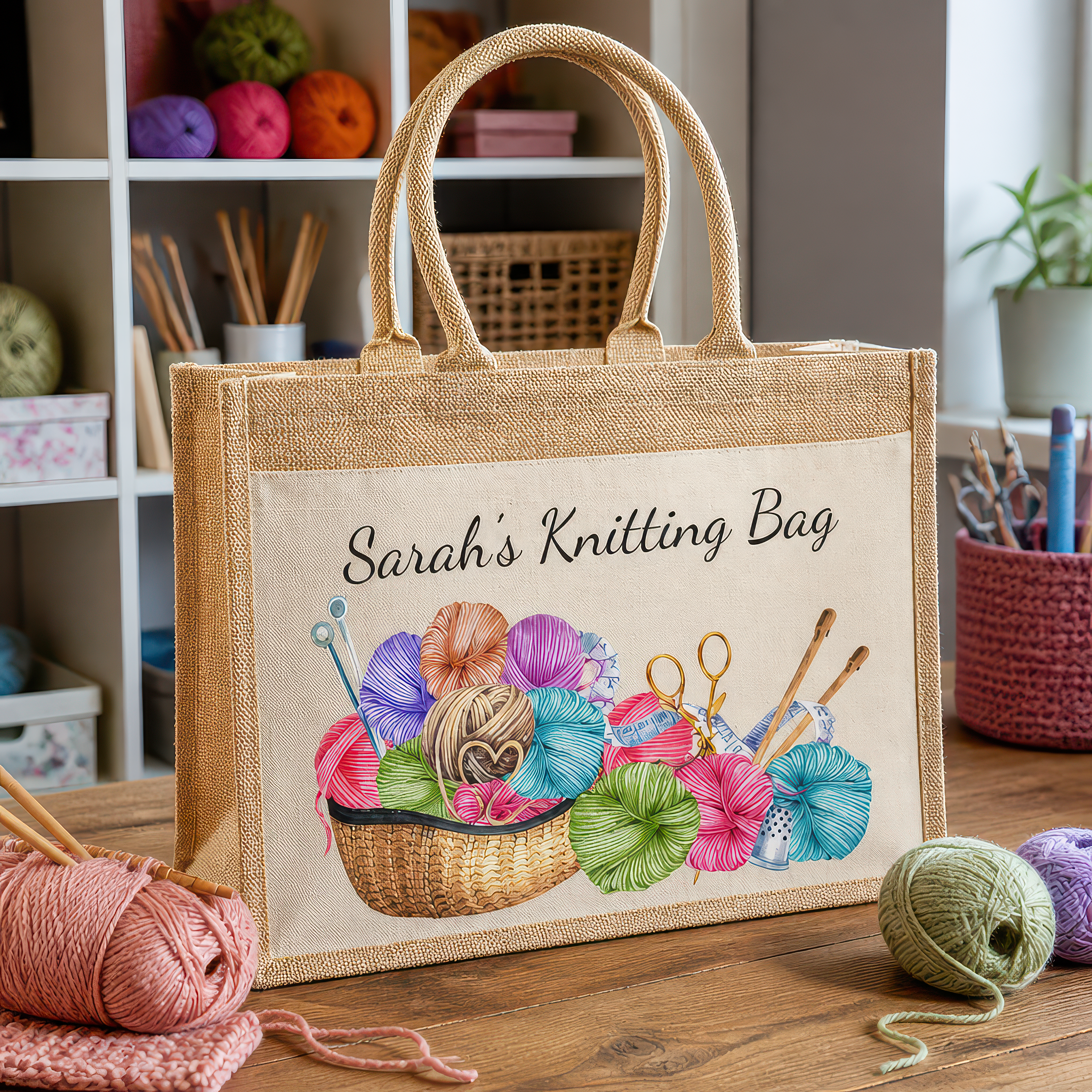 Personalised Knitting Jute Tote Bag with Name - Yarn and Tools Design - alternative view