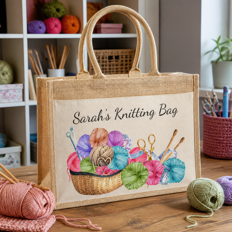 Personalised Knitting Jute Tote Bag with Name - Yarn and Tools Design - alternative view