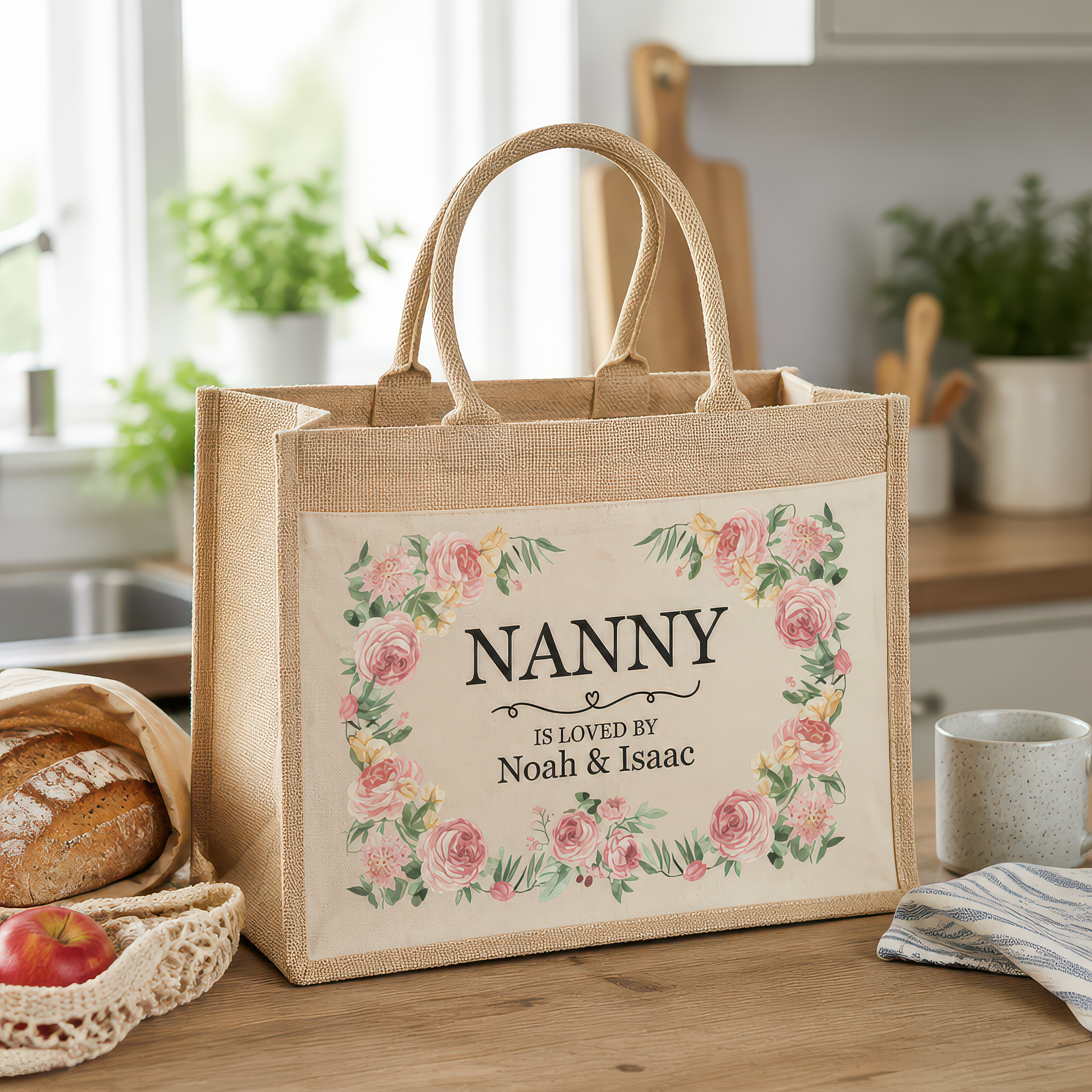 Personalised Floral Jute for Nanny or Grandma with Names Tote Bag