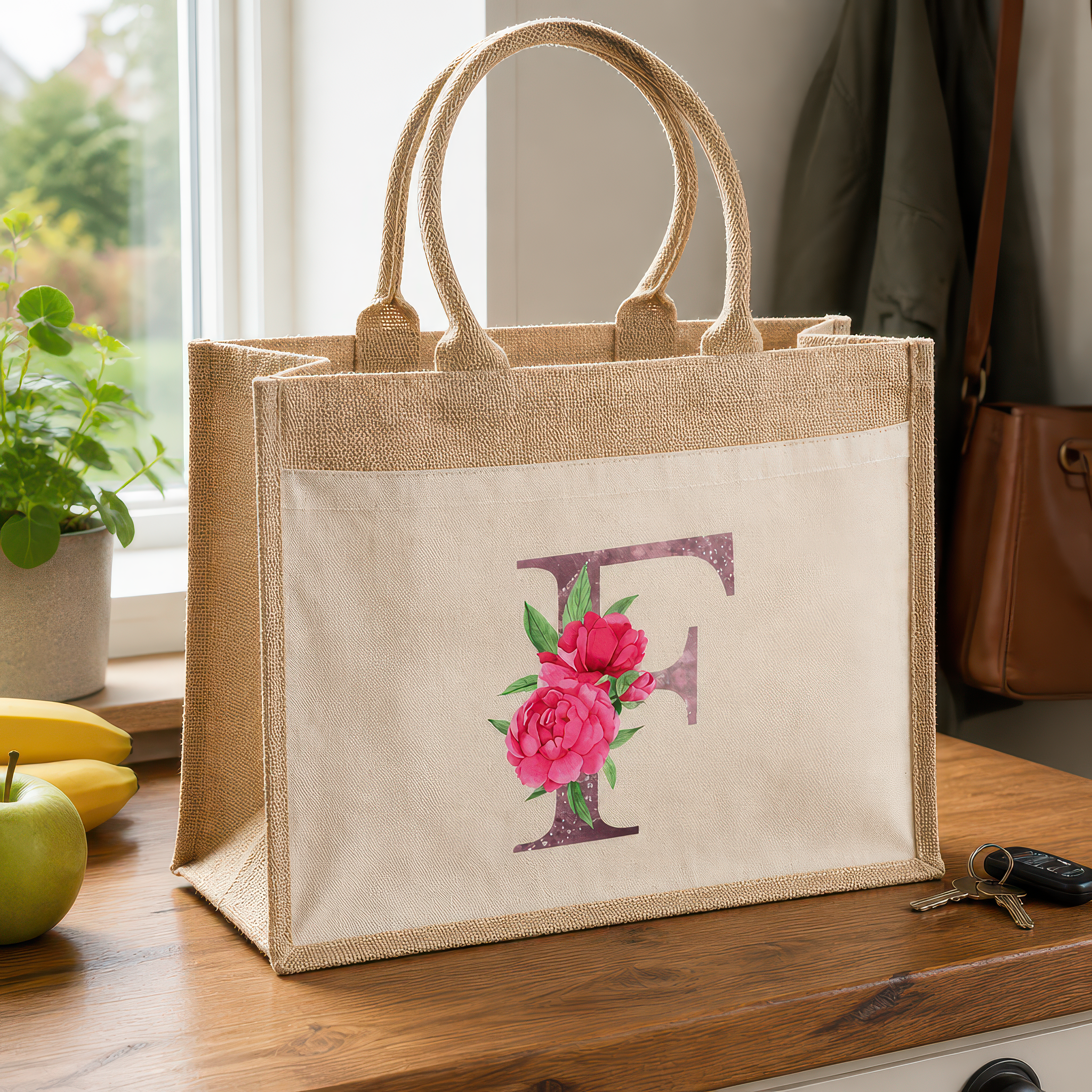 Personalised Jute with Floral Initial Tote Bag