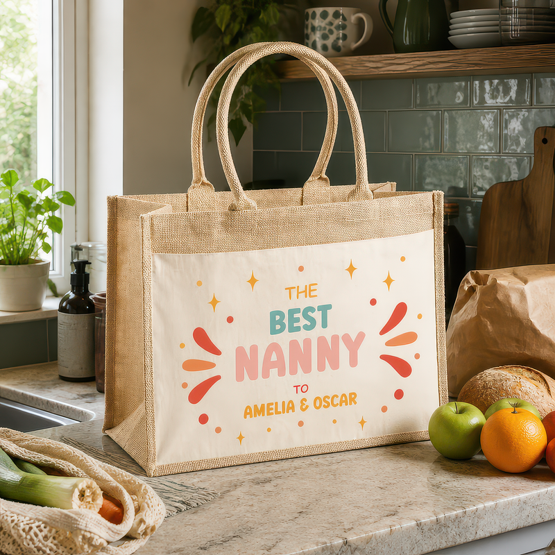 Personalised Best Nanny Jute with Names Tote Bag