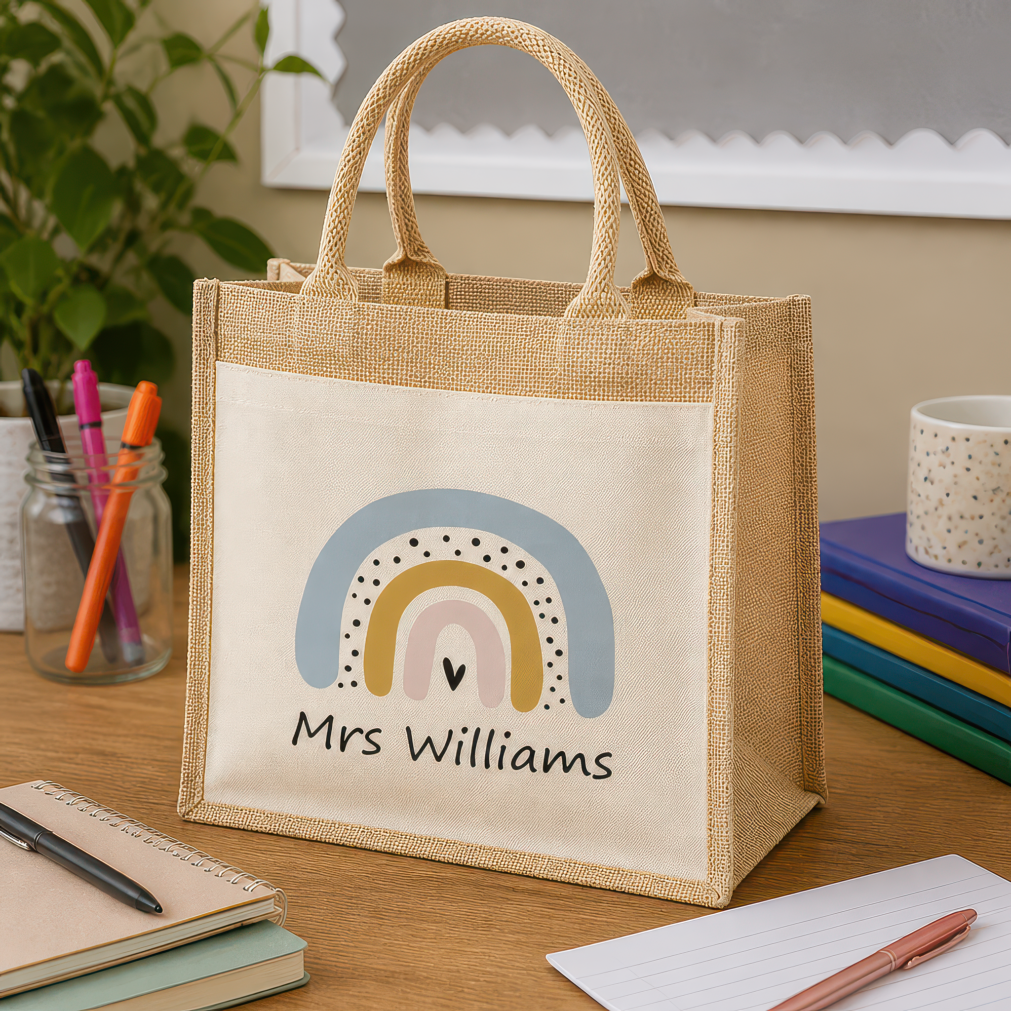 Personalised Beige Boho Rainbow Jute Tote Bag with Name - alternative view
