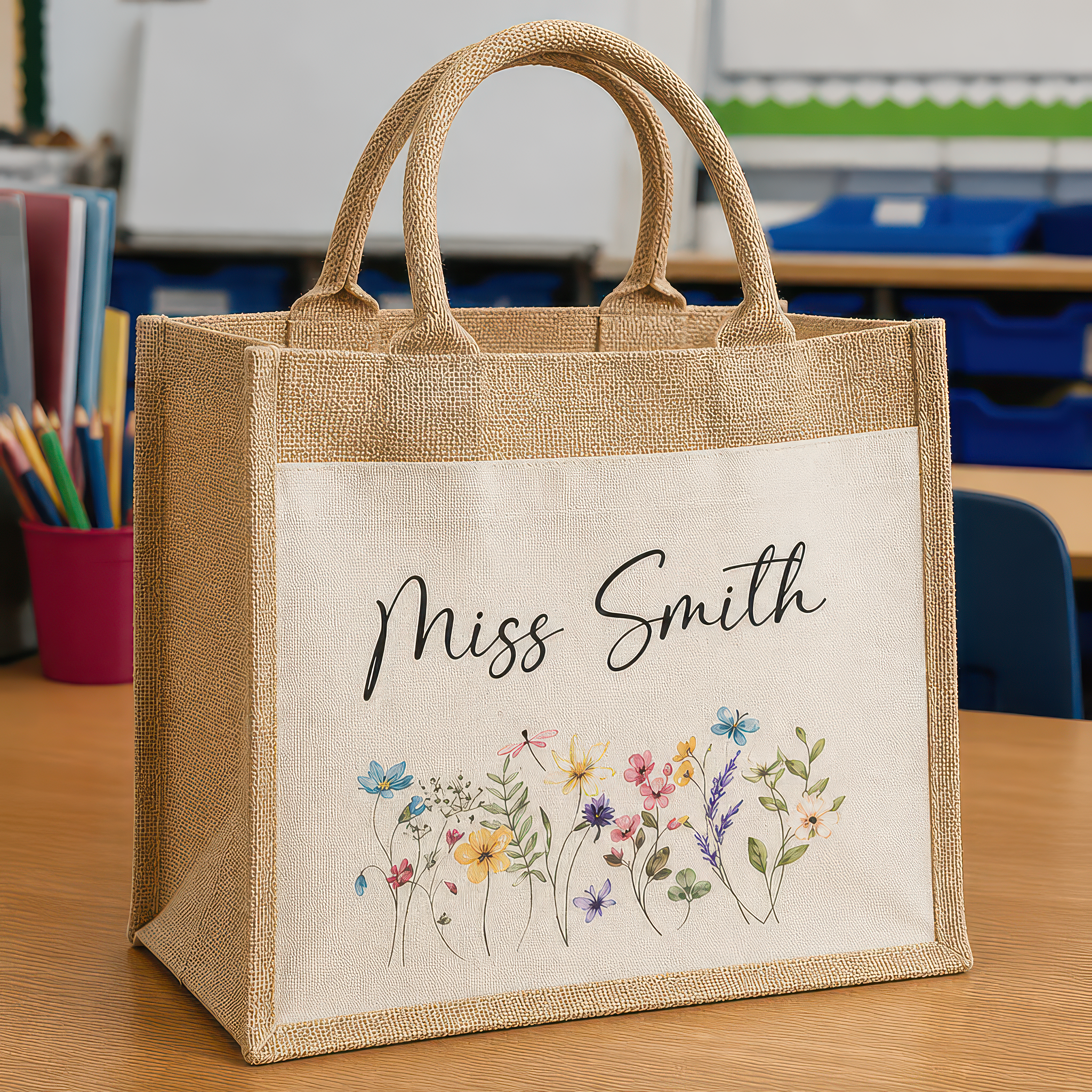 Personalised Multi Floral Jute Tote Bag with Name - alternative view