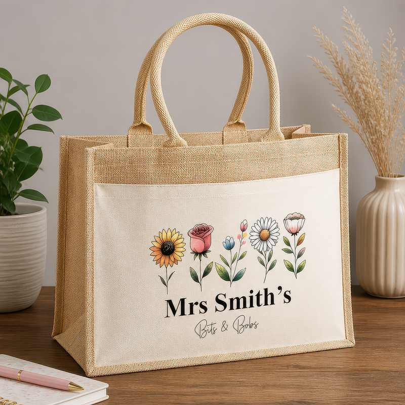Personalised Multi Floral Jute Tote Bag with Name - Large - alternative view