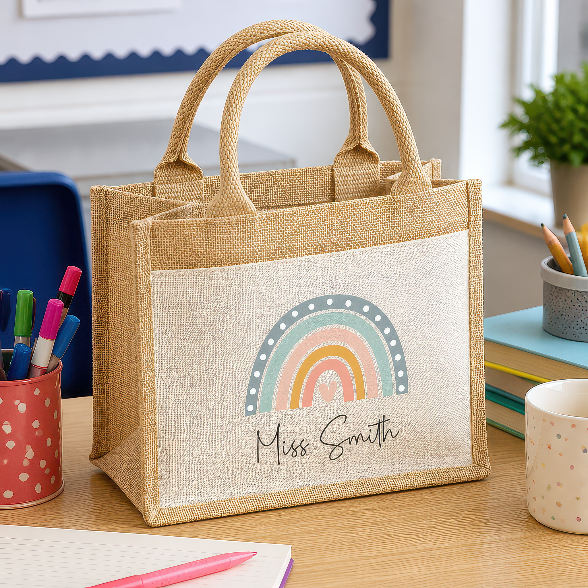 Personalised Multi Pastel Rainbow Jute Tote Bag with Name - alternative view
