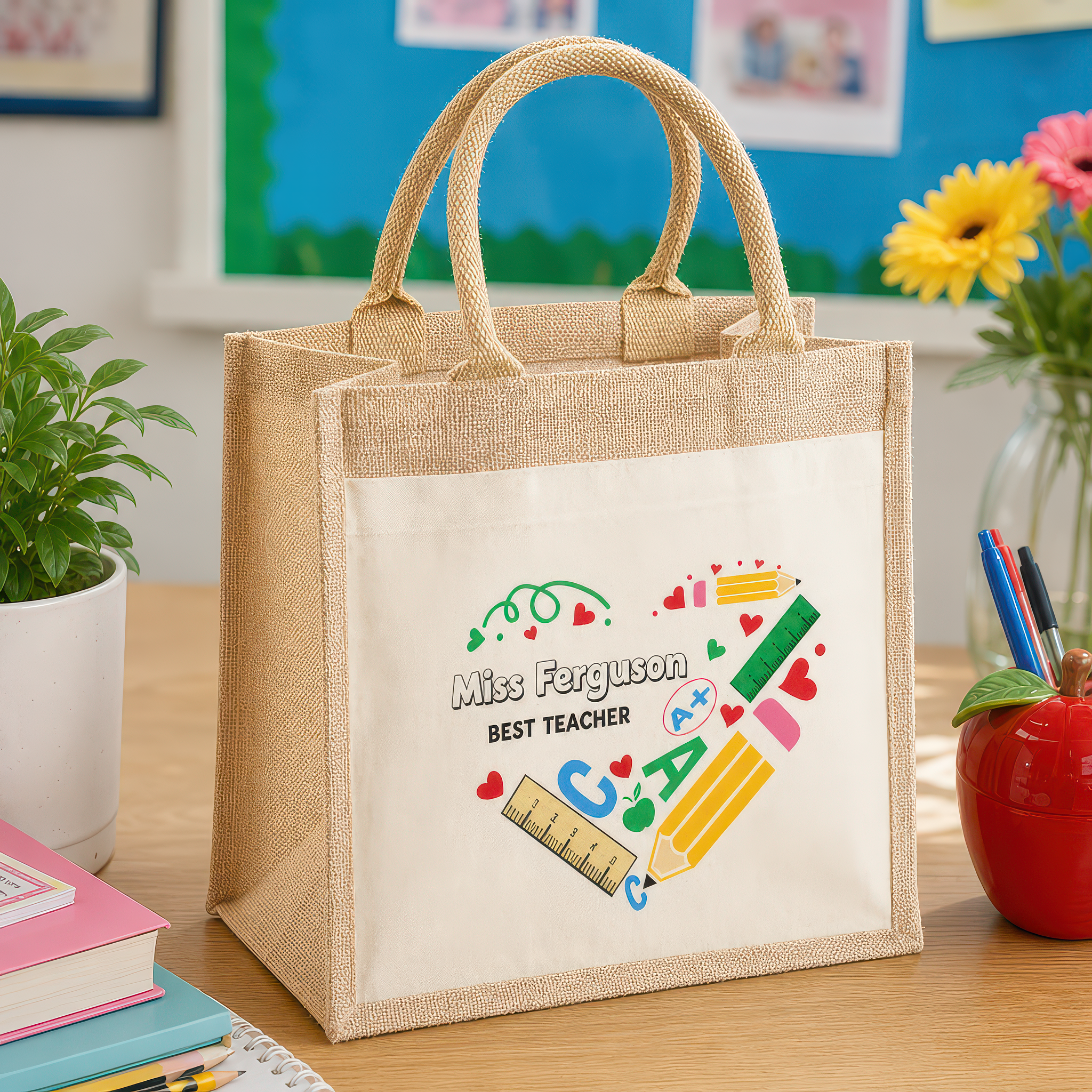Personalised Multi Stationery Heart Jute Tote Bag with Name - alternative view