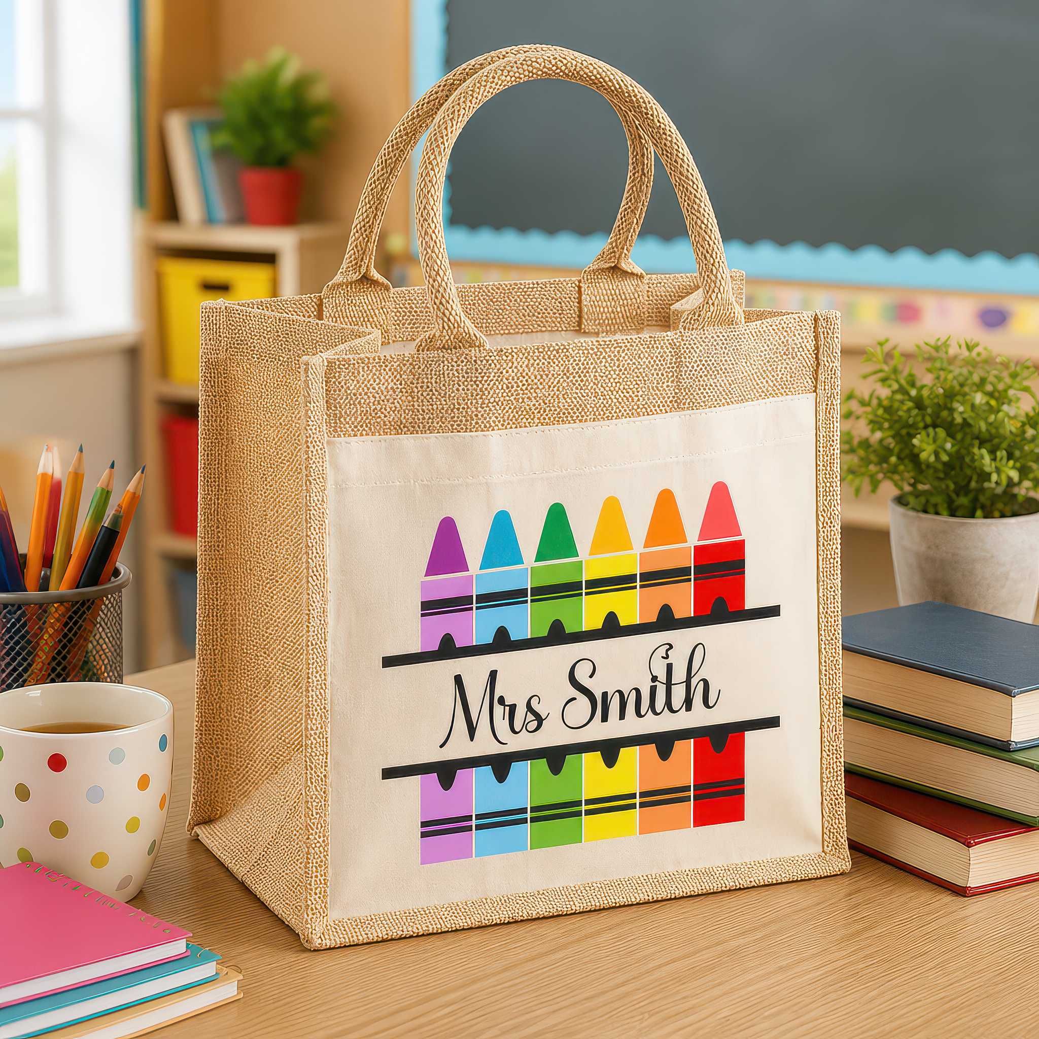 Personalised Multi Crayon Jute Tote Bag with Name - alternative view