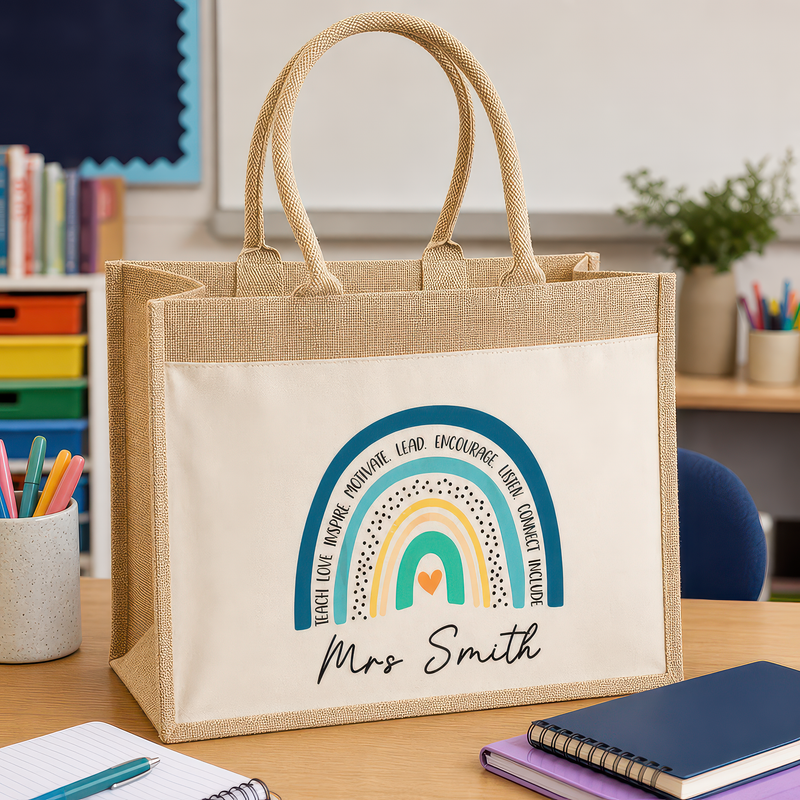 Personalised Multi Blue Rainbow Jute Tote Bag with Name - alternative view