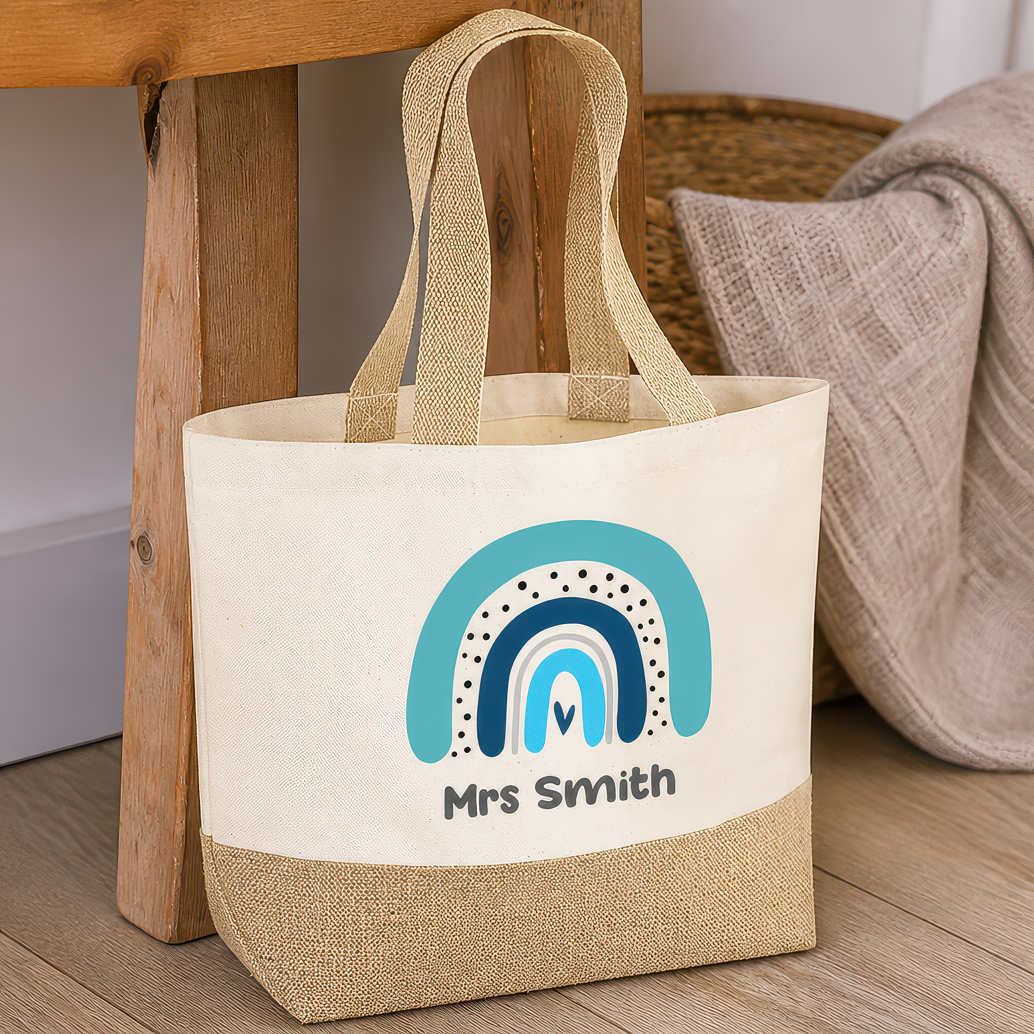 Personalised Beige Blue Boho Rainbow Jute Tote Bag with Name - alternative view
