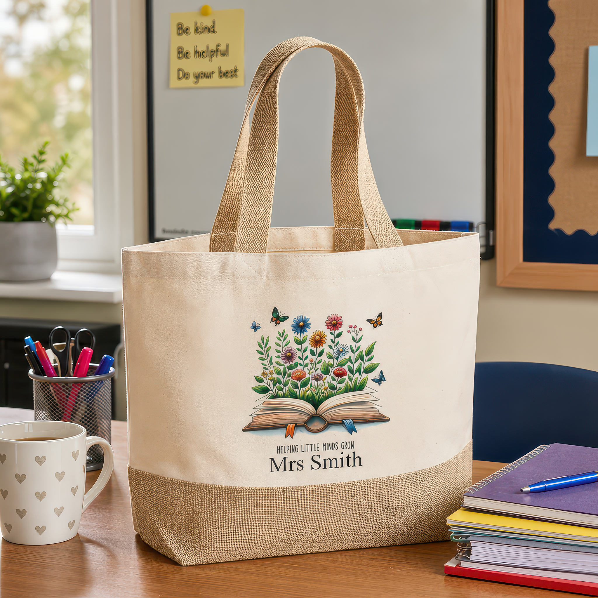 Personalised Floral Books Jute Tote Bag with Name - alternative view
